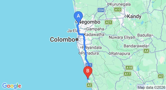 Driving route map: Colombo Airport (CMB) to Lotus-Villa, Ahungalla (122 km, approx 2 h 1 min private transfer)
