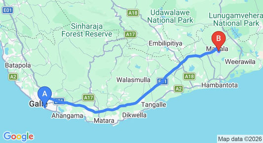 Driving route map: Unawatuna to Mattala (HRI) Airport (118 km, approx 1 h 34 min private transfer)