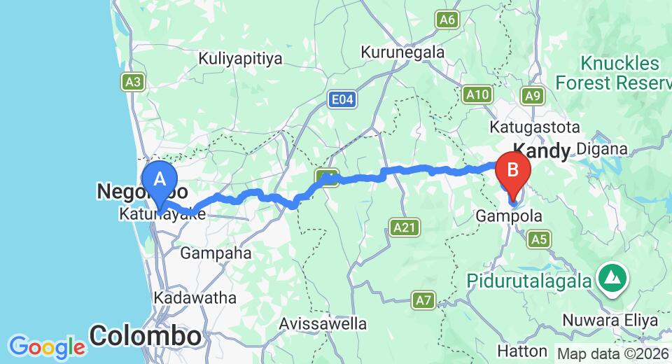 Driving route map: Colombo Airport (CMB) to Kirinda Walauwa, Gampola (103 km, approx 3 h 4 min private transfer)