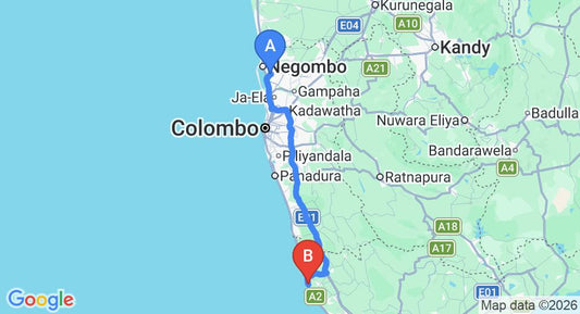 Driving route map: Colombo Airport (CMB) to Max Wadiya, Ambalangoda (132 km, approx 2 h 3 min private transfer)