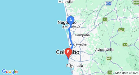 Driving route map: Colombo Airport (CMB) to Great Southern Hotel (GSH), Colombo (40 km, approx 1 h 0 min private transfer)