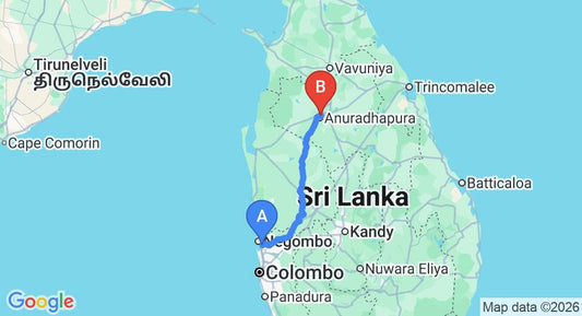 Driving route map: Colombo Airport (CMB) to ES Holiday Bungalow, Anuradhapura (176 km, approx 3 h 48 min private transfer)
