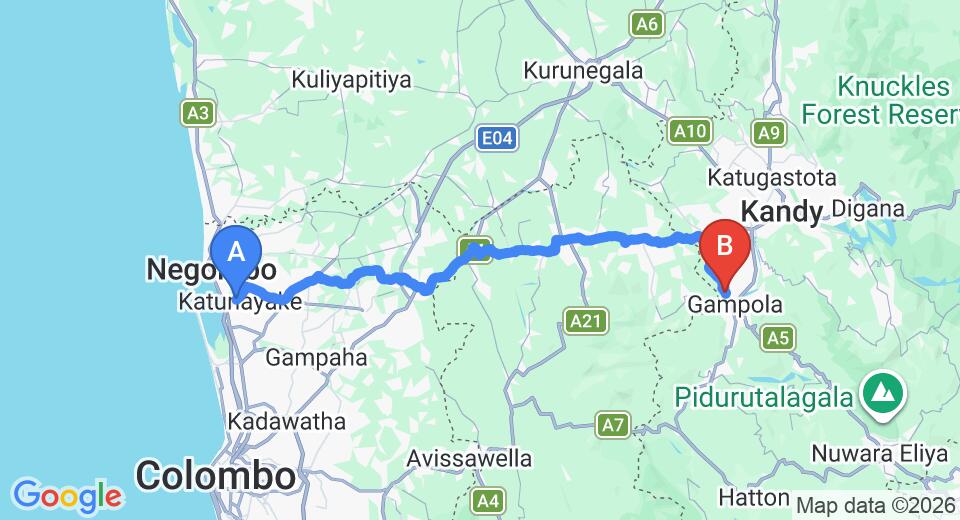 Driving route map: Colombo Airport (CMB) to Sama Uyana Holiday Bungalow, Gampola (102 km, approx 3 h 11 min private transfer)