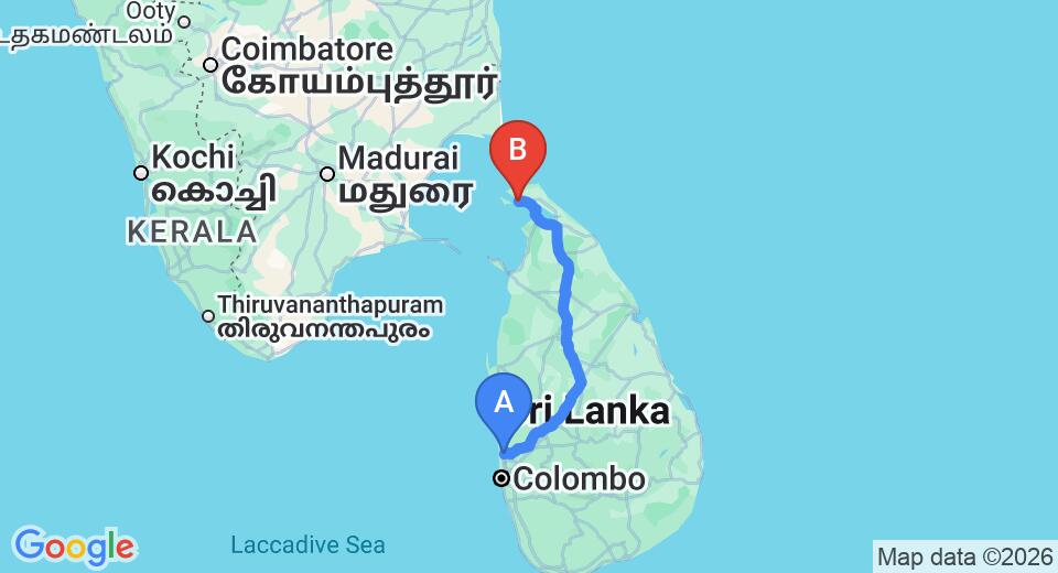 Driving route map: Colombo Airport (CMB) to Green Inn Restaurant, Jaffna (371 km, approx 7 h 12 min private transfer)