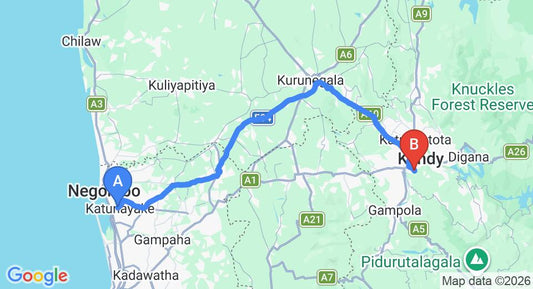 Driving route map: Colombo Airport (CMB) to Hanthana Boutique Villa by Amaya, Kandy (115 km, approx 2 h 54 min private transfer)