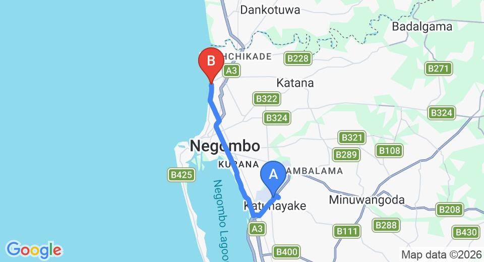 Driving route map: Colombo Airport (CMB) to Paradise Holiday Village, Negombo (14 km, approx 33 min private transfer)