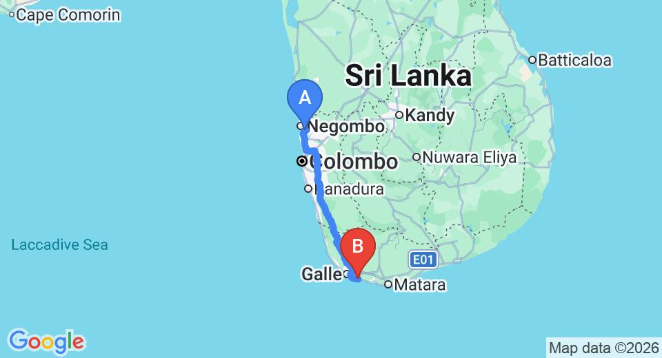 Driving route map: Colombo Airport (CMB) to Sisindu C, Galle (159 km, approx 2 h 18 min private transfer)