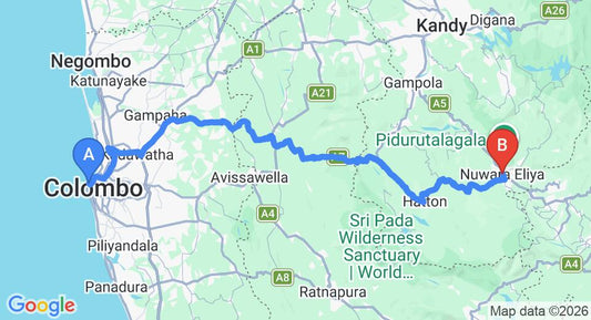 Driving route map: Colombo Seaport to Nuwara Eliya (169 km, approx 4 h 49 min private transfer)