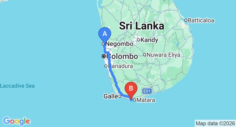 Driving route map: Colombo Airport (CMB) to Salina, Mirissa (178 km, approx 2 h 37 min private transfer)