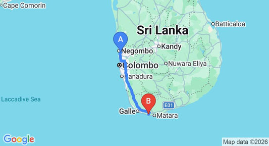 Driving route map: Colombo Airport (CMB) to Weligama (172 km, approx 2 h 24 min private transfer)