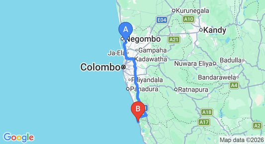 Driving route map: Colombo Airport (CMB) to Southern Star Hotel, Bentota (112 km, approx 1 h 46 min private transfer)