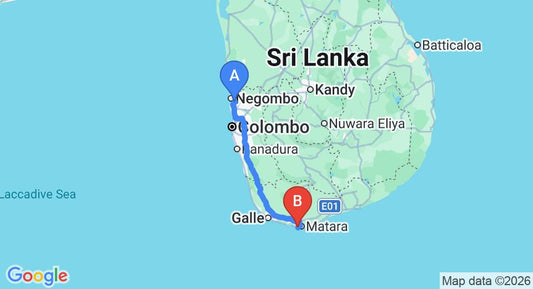Driving route map: Colombo Airport (CMB) to Stella Beach Villa, Mirissa (185 km, approx 2 h 36 min private transfer)