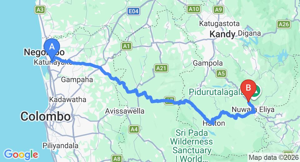 Driving route map: Colombo Airport (CMB) to HW Holiday Resort, Nuwara Eliya (157 km, approx 4 h 54 min private transfer)