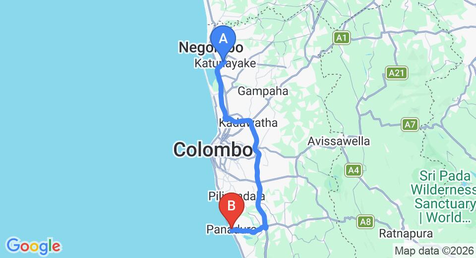 Driving route map: Colombo Airport (CMB) to Avakasha Beach Resort, Panadura (76 km, approx 1 h 23 min private transfer)