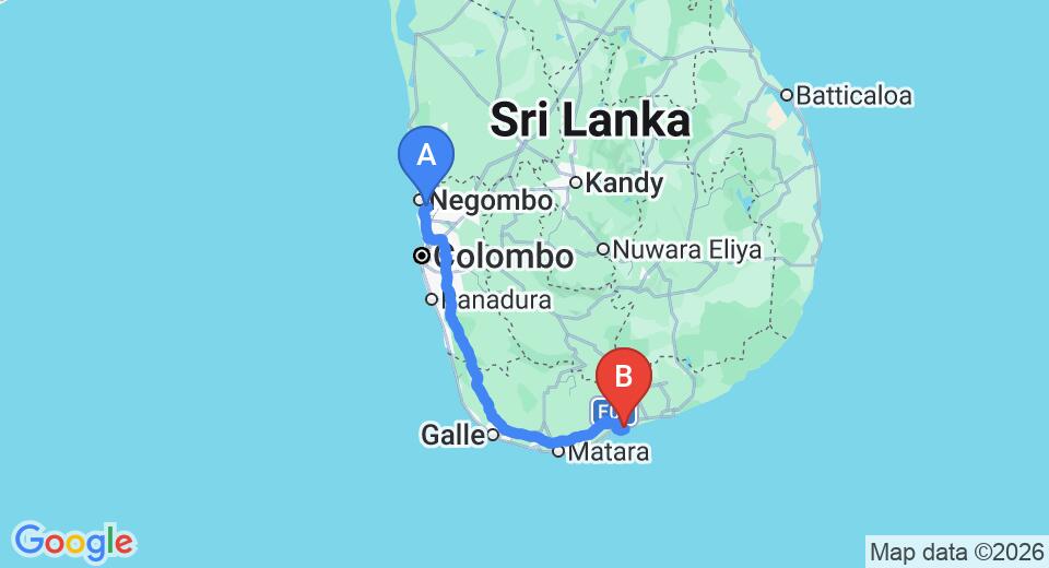 Driving route map: Colombo Airport (CMB) to Sanjis The Seaside Cabanas, Tangalle (223 km, approx 3 h 3 min private transfer)