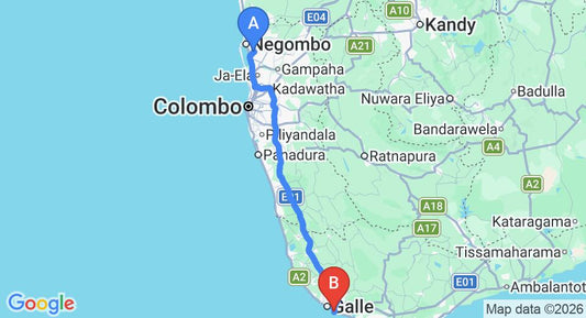 Driving route map: Colombo Airport (CMB) to Neptune Bay Hotel, Unawatuna (153 km, approx 2 h 10 min private transfer)