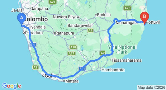 Driving route map: Ratmalana (RML) Airport to Arugam Bay (379 km, approx 6 h 9 min private transfer)