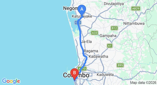 Driving route map: Colombo Airport (CMB) to Paradise Holidays, Bambalapitiya (36 km, approx 49 min private transfer)