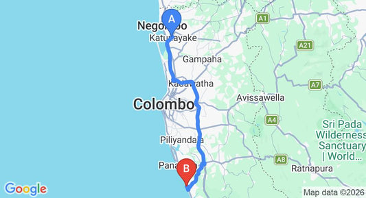 Driving route map: Colombo Airport (CMB) to Wadduwa Beach House, Wadduwa (81 km, approx 1 h 27 min private transfer)