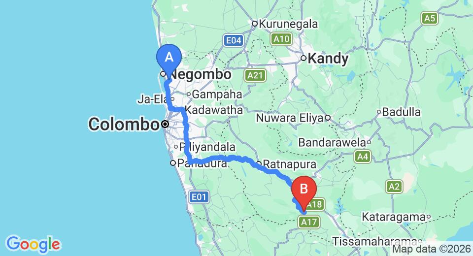 Driving route map: Colombo Airport (CMB) to Aigburth Bungalow, Rakwana (183 km, approx 4 h 21 min private transfer)