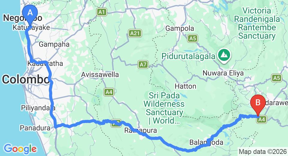 Driving route map: Colombo Airport (CMB) to Blackwood View Bungalow, Haputale (204 km, approx 4 h 49 min private transfer)