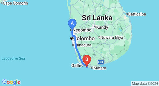Driving route map: Colombo Airport (CMB) to Insight, Ahangama (165 km, approx 2 h 21 min private transfer)