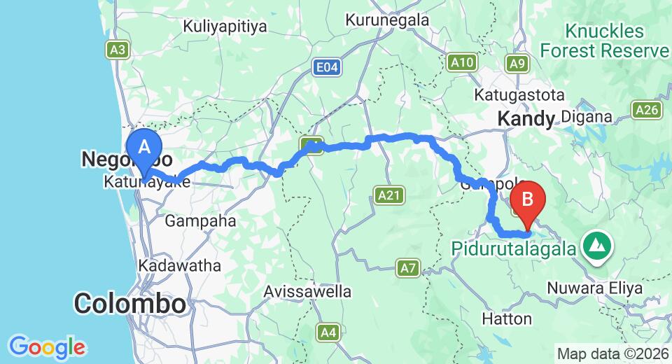 Driving route map: Colombo Airport (CMB) to Mass Villa, Kothmale (127 km, approx 3 h 47 min private transfer)