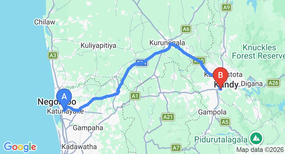 Driving route map: Colombo Airport (CMB) to Dream Paradise Kandy, Kandy (112 km, approx 2 h 47 min private transfer)