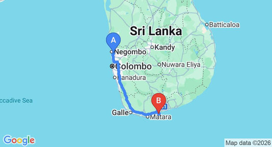 Driving route map: Colombo Airport (CMB) to Walatta House, Tangalle (214 km, approx 2 h 57 min private transfer)