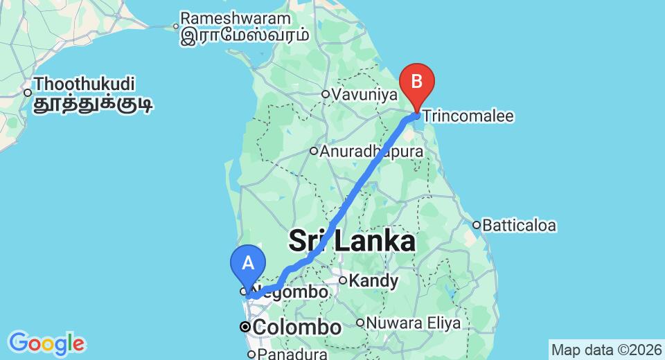 Driving route map: Colombo Airport (CMB) to Blue Wings Beach Hotel, Trincomalee (237 km, approx 4 h 48 min private transfer)