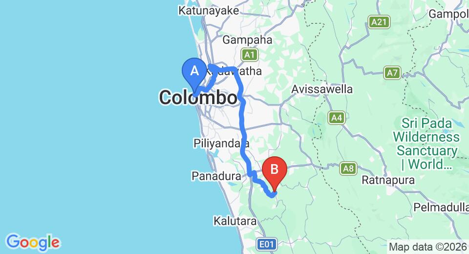 Driving route map: Colombo Seaport to Yala (72 km, approx 1 h 20 min private transfer)