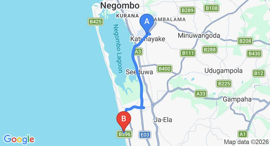 Driving route map: Colombo Airport (CMB) to Reefs Edge Resort, Bopitiya (18 km, approx 27 min private transfer)