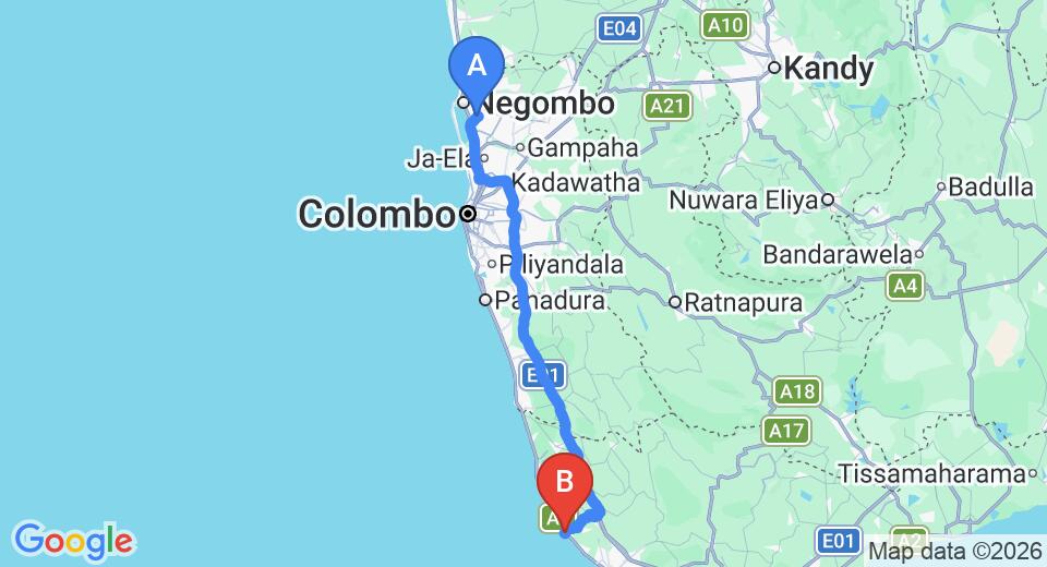 Driving route map: Colombo Airport (CMB) to New Imperial Hotel, Hikkaduwa (144 km, approx 2 h 9 min private transfer)