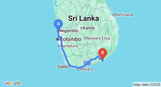 Driving route map: Colombo Airport (CMB) to Yala Villa, Kirinda (288 km, approx 3 h 58 min private transfer)