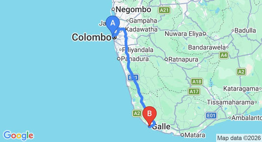 Driving route map: Colombo Seaport to Galle (147 km, approx 2 h 7 min private transfer)