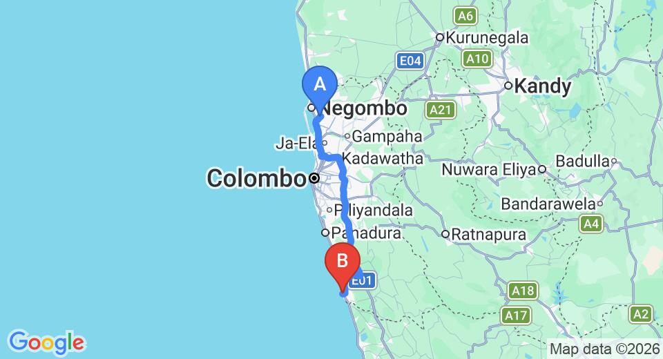 Driving route map: Colombo Airport (CMB) to Earls Reef, Beruwala (101 km, approx 1 h 45 min private transfer)