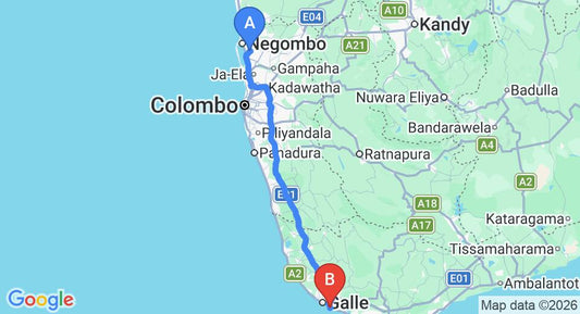 Driving route map: Colombo Airport (CMB) to Off Rocks, Unawatuna (153 km, approx 2 h 8 min private transfer)