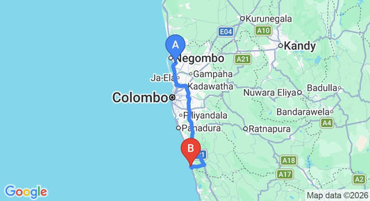 Driving route map: Colombo Airport (CMB) to Riverside Araliya, Bentota (107 km, approx 1 h 41 min private transfer)