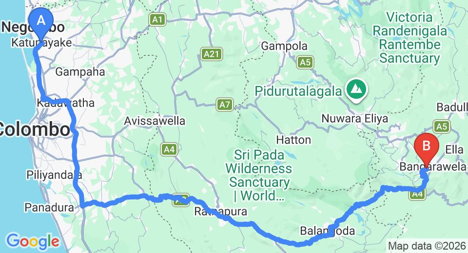 Driving route map: Colombo Airport (CMB) to Cranford Villa, Bandarawela (218 km, approx 5 h 19 min private transfer)