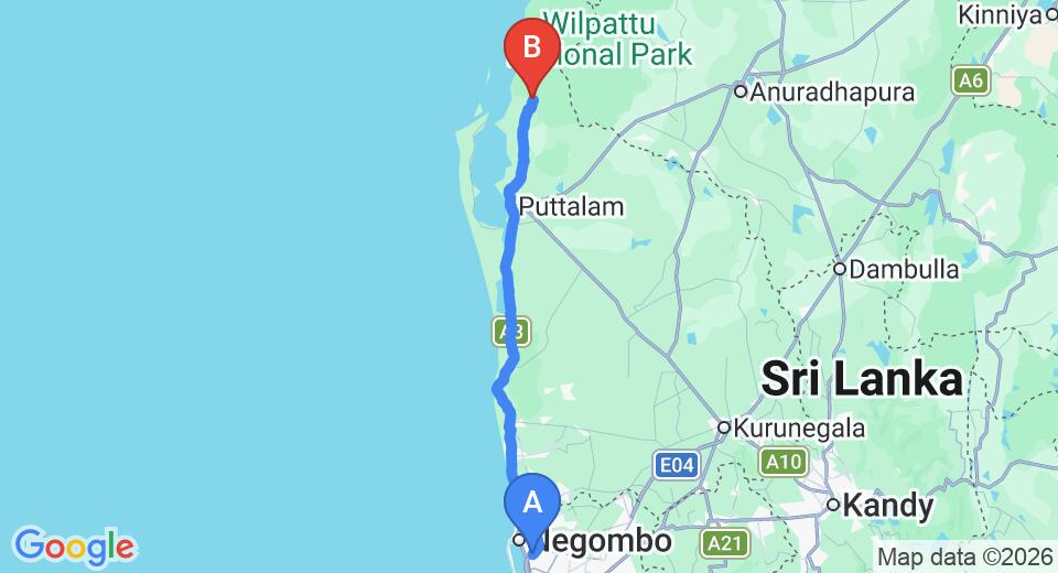 Driving route map: Colombo Airport (CMB) to Aanawila Bungalow, Wilpattu (137 km, approx 3 h 20 min private transfer)