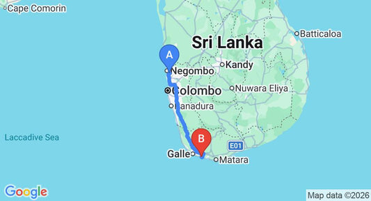 Driving route map: Colombo Airport (CMB) to South Point Cottage, Ahangama (166 km, approx 2 h 23 min private transfer)