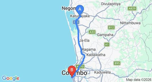 Driving route map: Colombo Airport (CMB) to Colombo Hut, Colombo (36 km, approx 51 min private transfer)