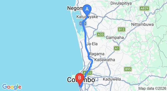 Driving route map: Colombo Airport (CMB) to Ishq Colombo, Colombo (36 km, approx 50 min private transfer)