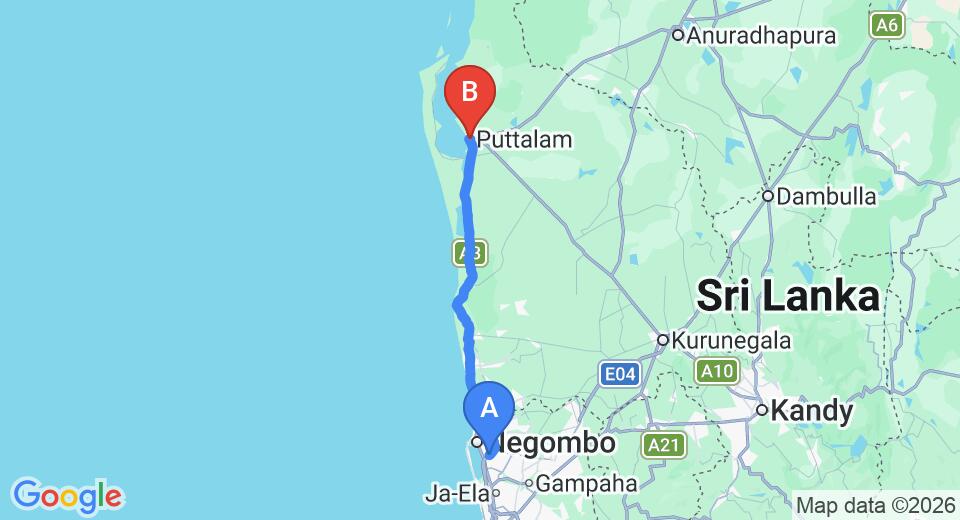 Driving route map: Colombo Airport (CMB) to Puttalam House, Puttalam (106 km, approx 2 h 38 min private transfer)
