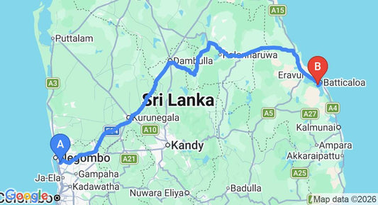 Driving route map: Colombo Airport (CMB) to Batticaloa (BTC) Airport (294 km, approx 6 h 6 min private transfer)