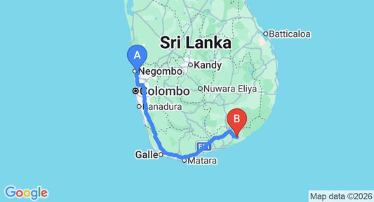 Driving route map: Colombo Airport (CMB) to Kadupul Safari Hotel, Tissamaharama (279 km, approx 3 h 43 min private transfer)