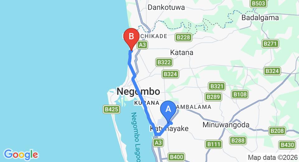 Driving route map: Colombo Airport (CMB) to Villa Elisabeth, Negombo (14 km, approx 34 min private transfer)