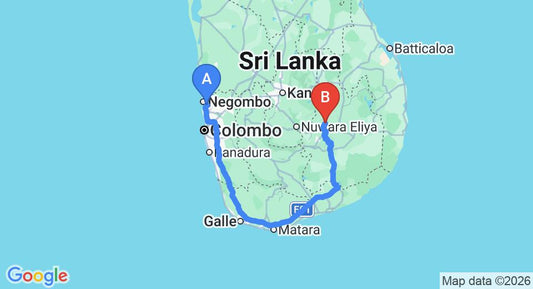 Driving route map: Colombo Airport (CMB) to Badulla (355 km, approx 5 h 34 min private transfer)