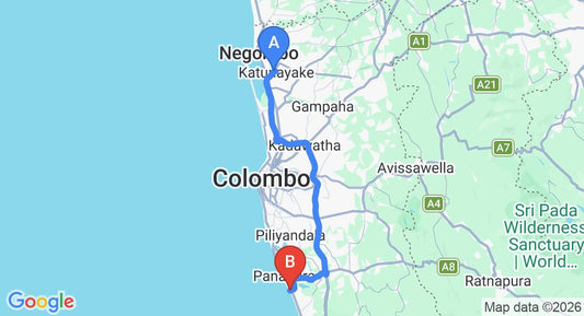 Driving route map: Colombo Airport (CMB) to The Blue Water, Wadduwa (77 km, approx 1 h 25 min private transfer)