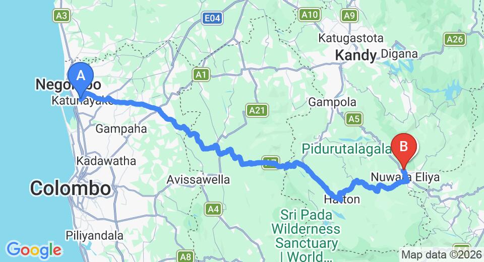 Driving route map: Colombo Airport (CMB) to Jetwing St. Andrews, Nuwara Eliya (155 km, approx 4 h 49 min private transfer)